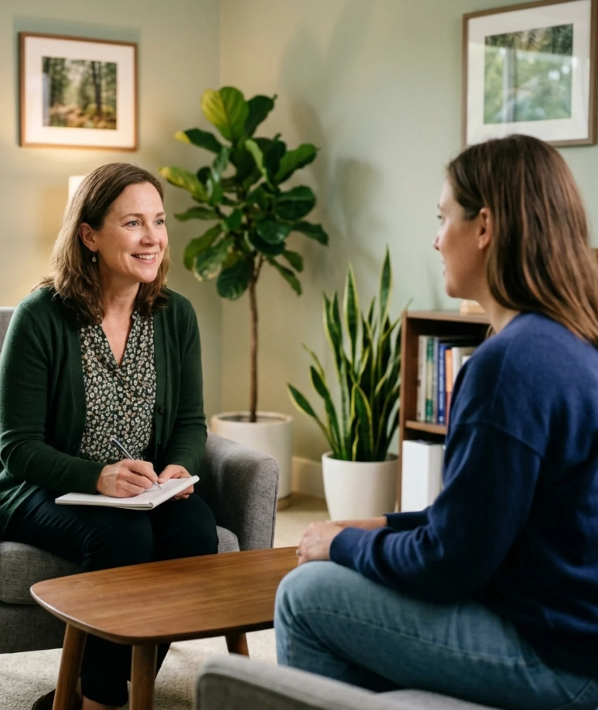 A smiling female therapist wearing a green cardigan and holding a notepad consults with a parent in a comforting, sage-green office. In the background, a young child plays quietly with wooden building blocks on a soft rug.